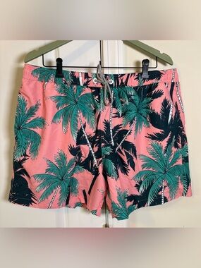 Maamgic Men's Tropical Palm Print Swim Trunks - Pink/Green XXL